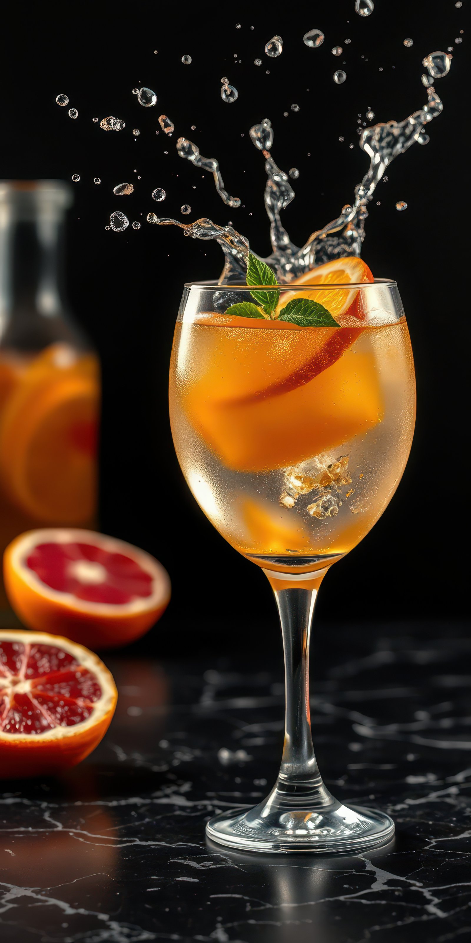 Refreshing citrus cocktail splashing in a glass with vibrant oranges on a dark marble surface